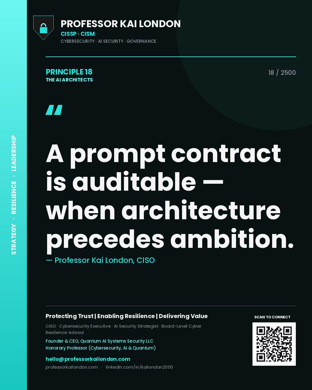Professor Kai London principle 18: A prompt contract is auditable — when architecture precedes ambition.