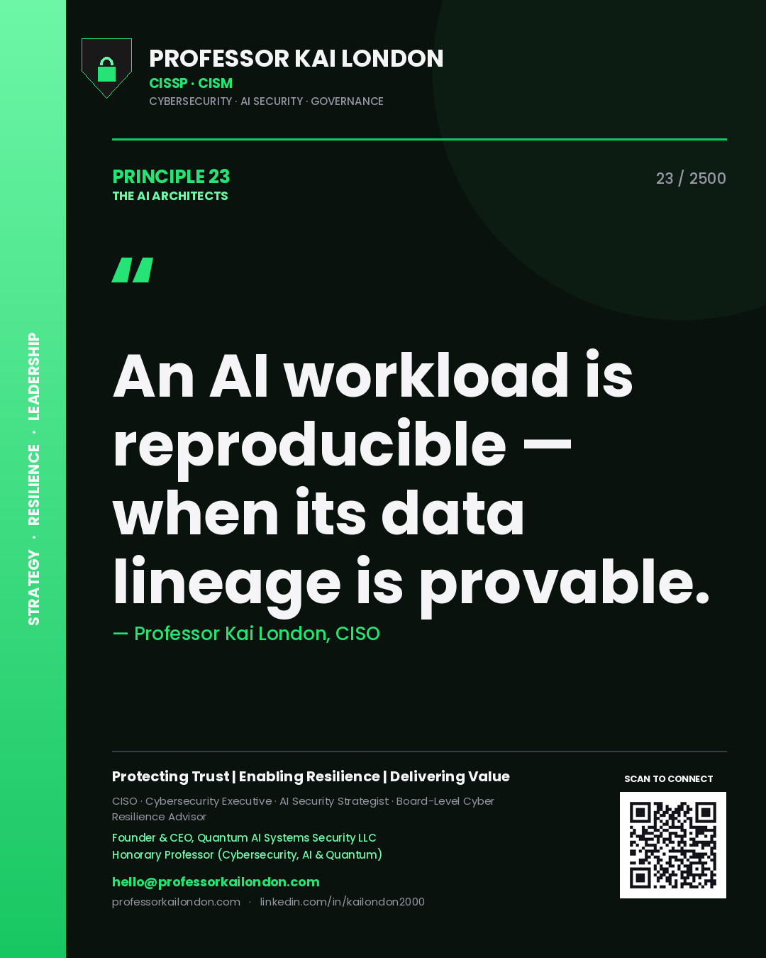 Professor Kai London principle 23: An AI workload is reproducible — when its data lineage is provable.