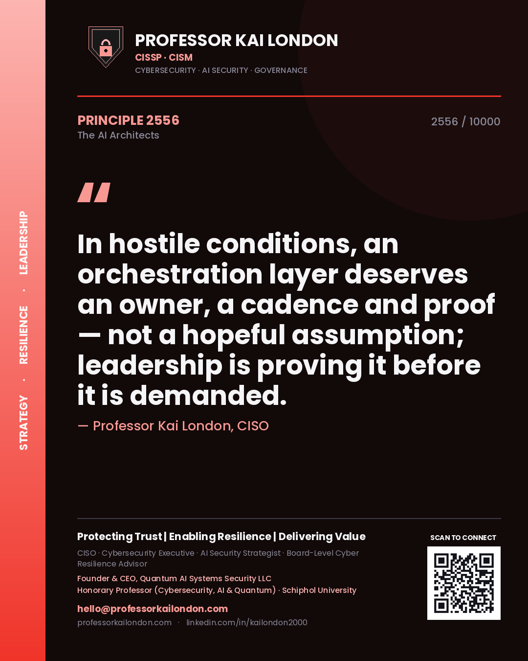 Professor Kai London principle 2556: In hostile conditions, an orchestration layer deserves an owner, a cadence and proof — not a hopeful assumption; leadership is proving it before it is demanded.