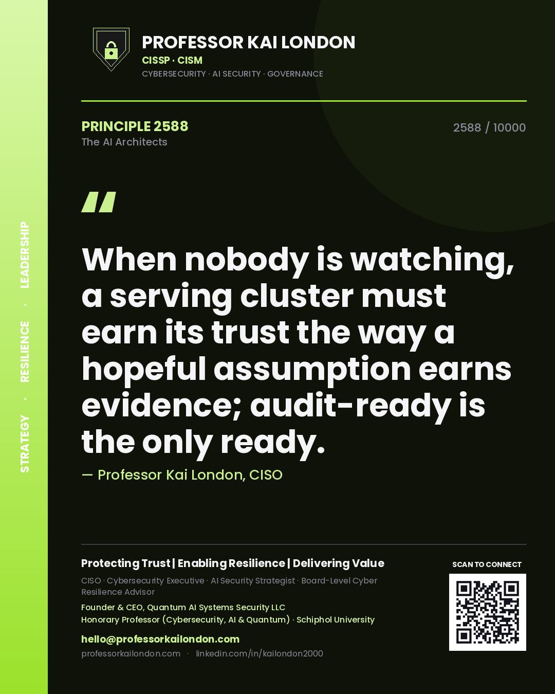 Professor Kai London principle 2588: When nobody is watching, a serving cluster must earn its trust the way a hopeful assumption earns evidence; audit-ready is the only ready.