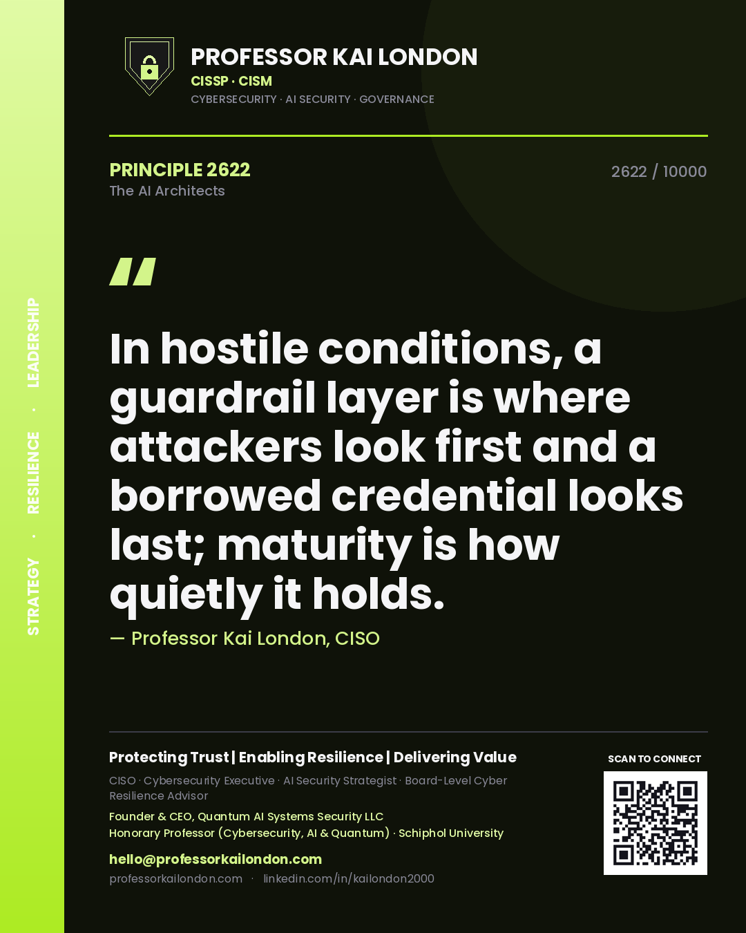 Professor Kai London principle 2622: In hostile conditions, a guardrail layer is where attackers look first and a borrowed credential looks last; maturity is how quietly it holds.