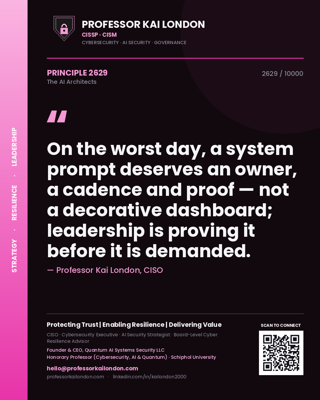 Professor Kai London principle 2629: On the worst day, a system prompt deserves an owner, a cadence and proof — not a decorative dashboard; leadership is proving it before it is demanded.