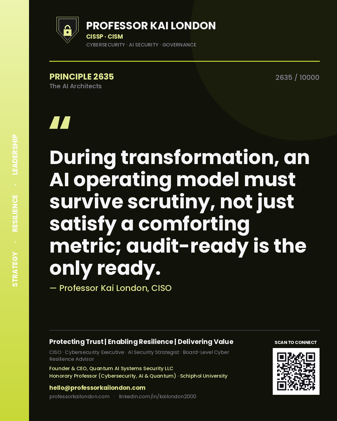 Professor Kai London principle 2635: During transformation, an AI operating model must survive scrutiny, not just satisfy a comforting metric; audit-ready is the only ready.