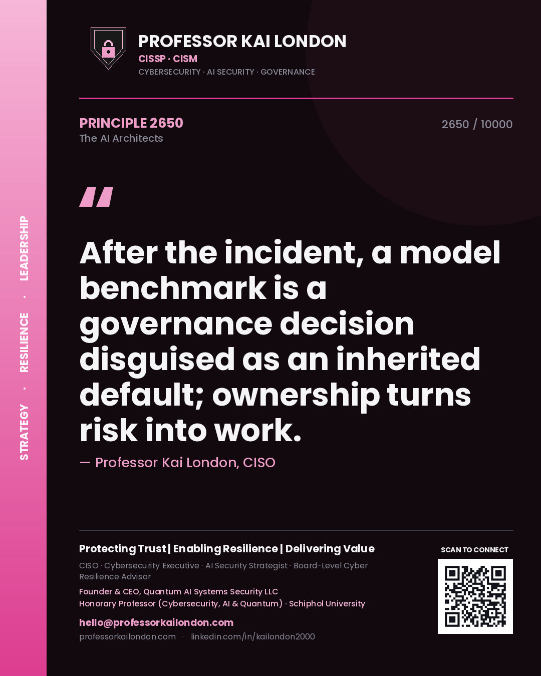 Professor Kai London principle 2650: After the incident, a model benchmark is a governance decision disguised as an inherited default; ownership turns risk into work.