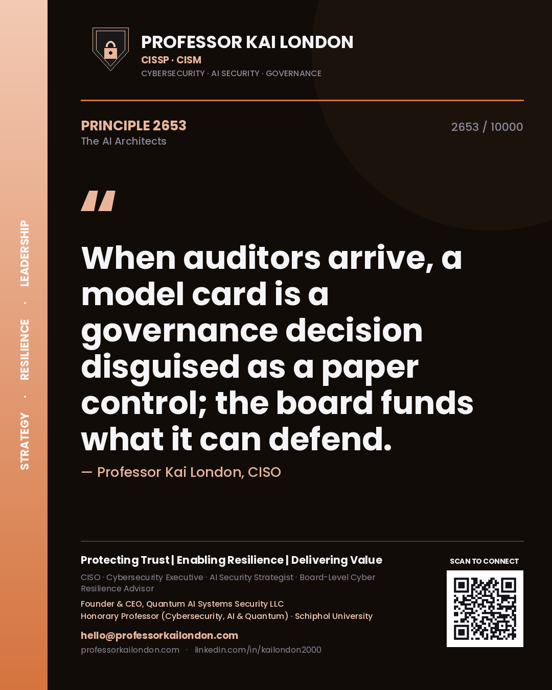 Professor Kai London principle 2653: When auditors arrive, a model card is a governance decision disguised as a paper control; the board funds what it can defend.