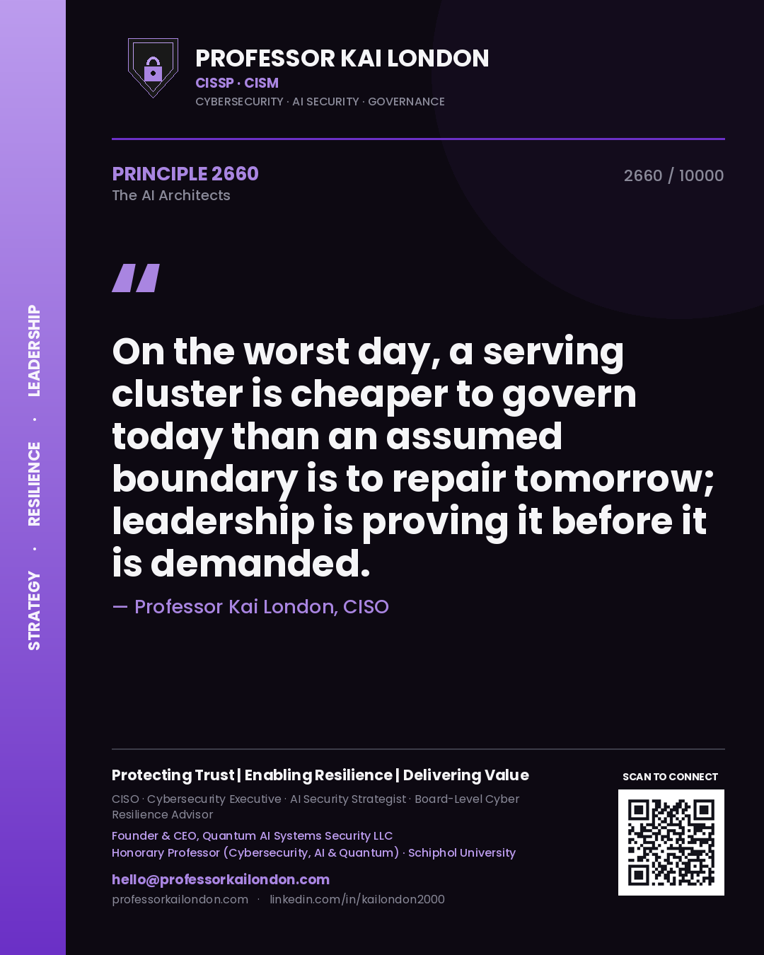 Professor Kai London principle 2660: On the worst day, a serving cluster is cheaper to govern today than an assumed boundary is to repair tomorrow; leadership is proving it before it is demanded.
