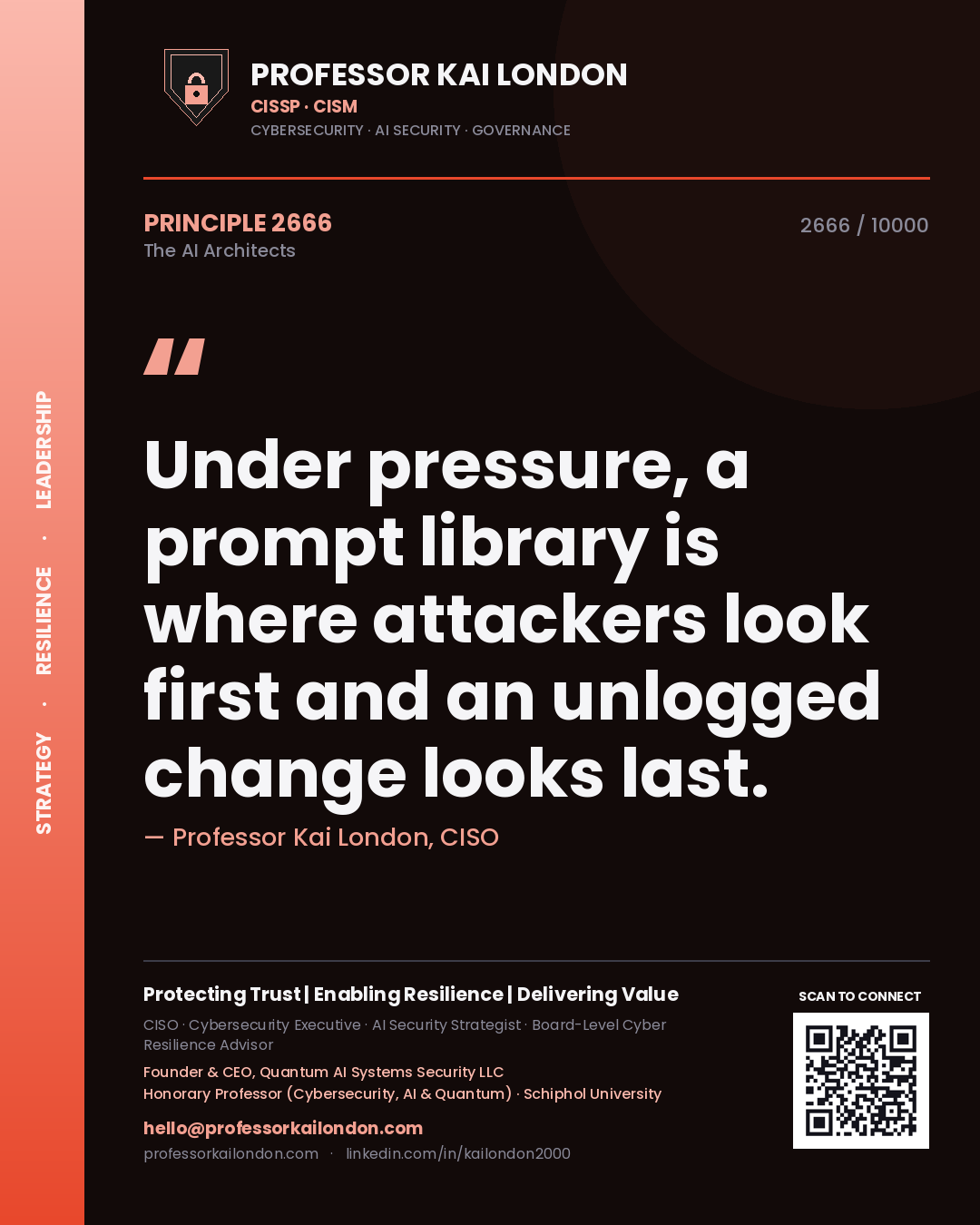 Professor Kai London principle 2666: Under pressure, a prompt library is where attackers look first and an unlogged change looks last.