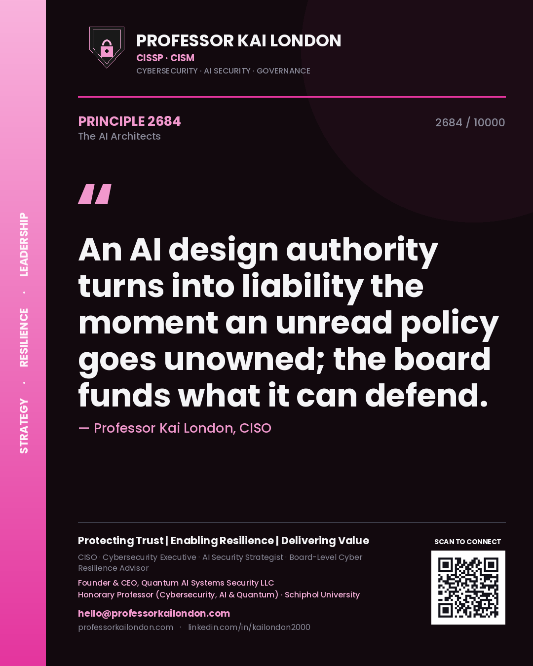 Professor Kai London principle 2684: An AI design authority turns into liability the moment an unread policy goes unowned; the board funds what it can defend.