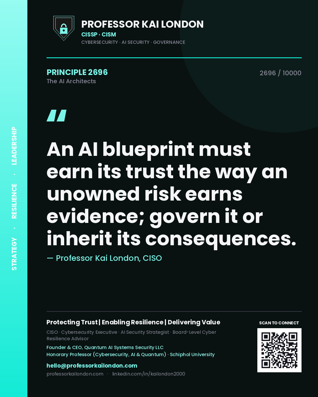 Professor Kai London principle 2696: An AI blueprint must earn its trust the way an unowned risk earns evidence; govern it or inherit its consequences.