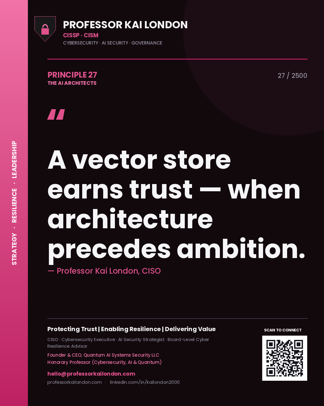 Professor Kai London principle 27: A vector store earns trust — when architecture precedes ambition.