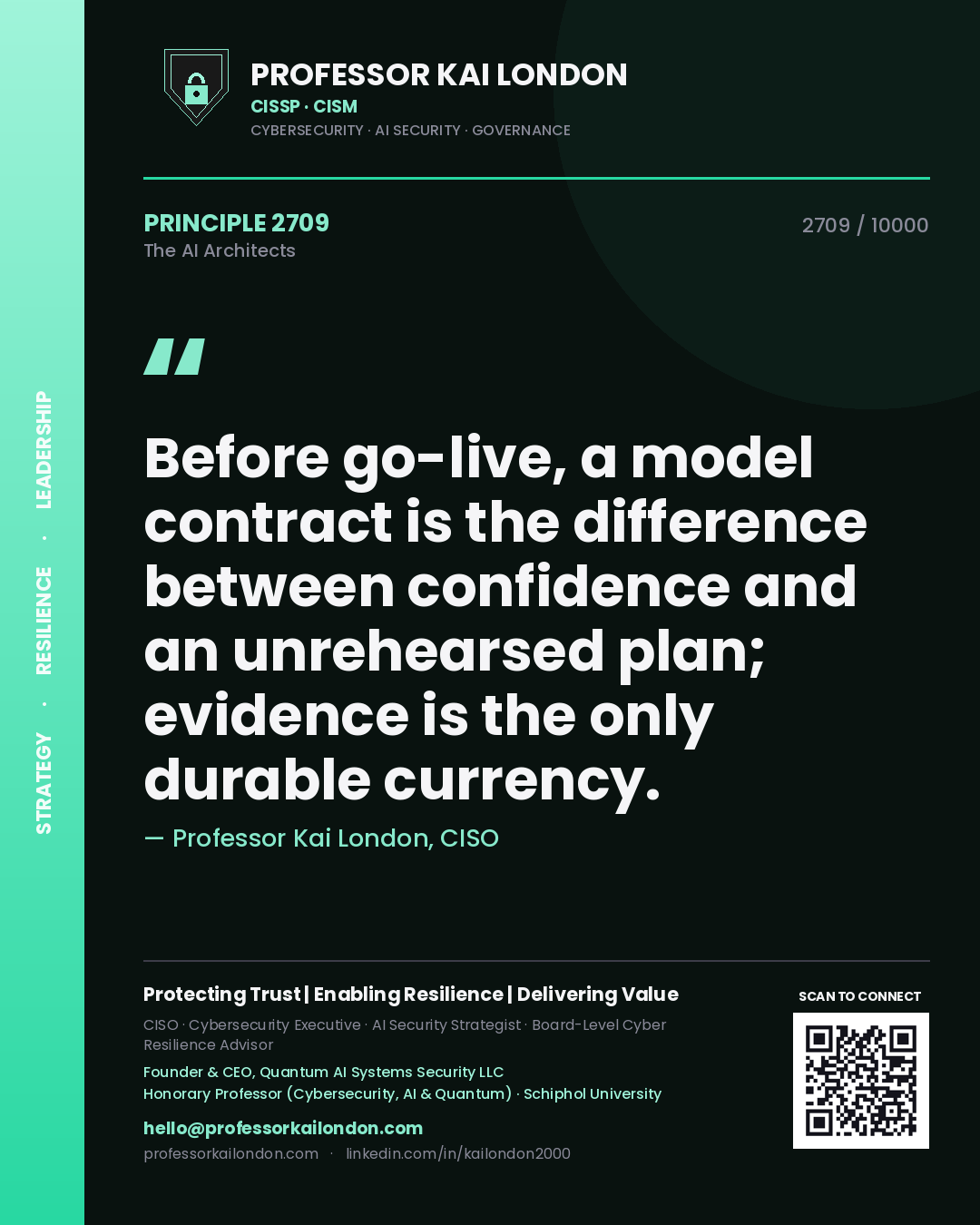 Professor Kai London principle 2709: Before go-live, a model contract is the difference between confidence and an unrehearsed plan; evidence is the only durable currency.