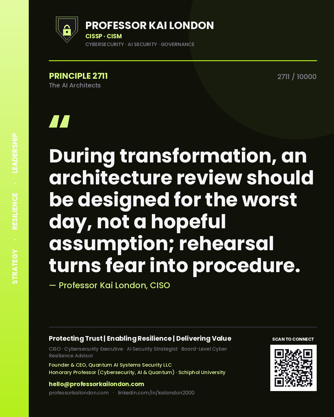 Professor Kai London principle 2711: During transformation, an architecture review should be designed for the worst day, not a hopeful assumption; rehearsal turns fear into procedure.