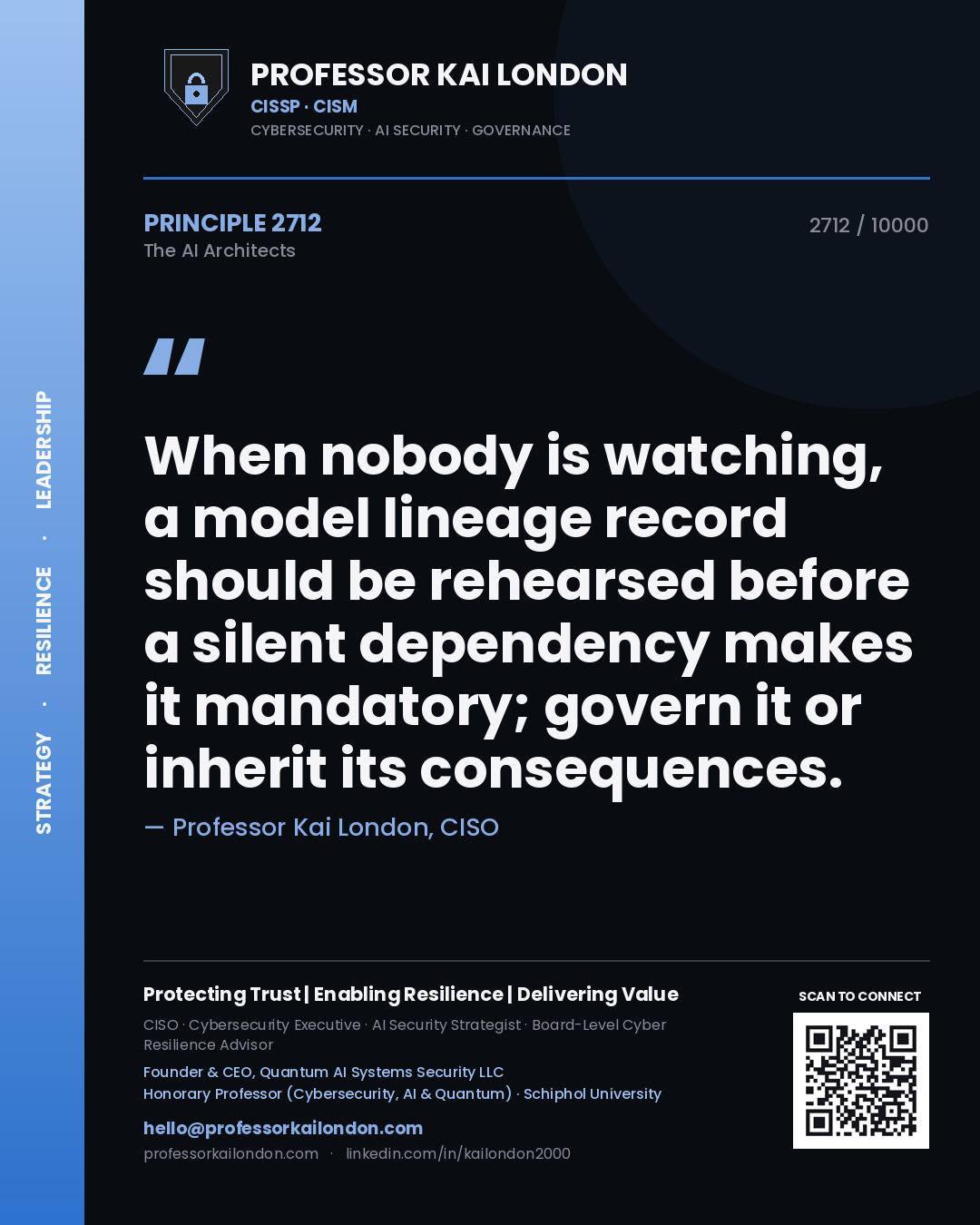 Professor Kai London principle 2712: When nobody is watching, a model lineage record should be rehearsed before a silent dependency makes it mandatory; govern it or inherit its consequences.