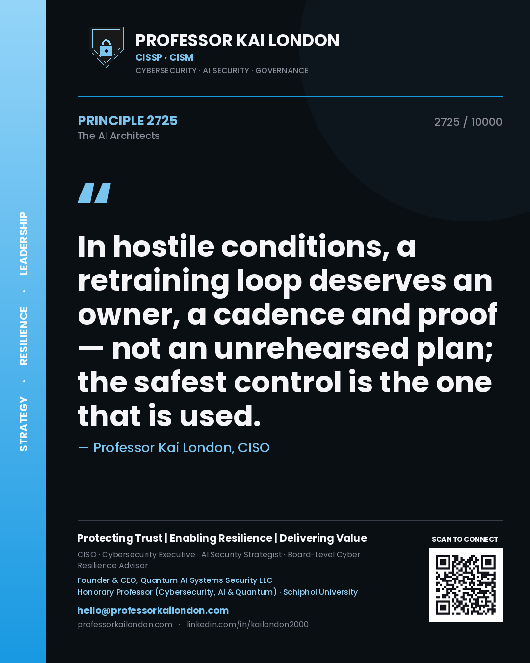 Professor Kai London principle 2725: In hostile conditions, a retraining loop deserves an owner, a cadence and proof — not an unrehearsed plan; the safest control is the one that is used.