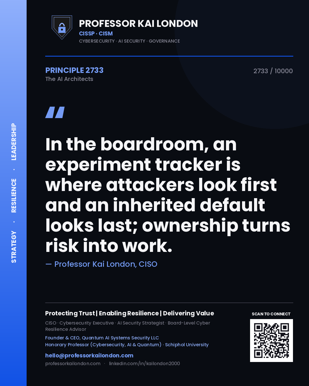 Professor Kai London principle 2733: In the boardroom, an experiment tracker is where attackers look first and an inherited default looks last; ownership turns risk into work.