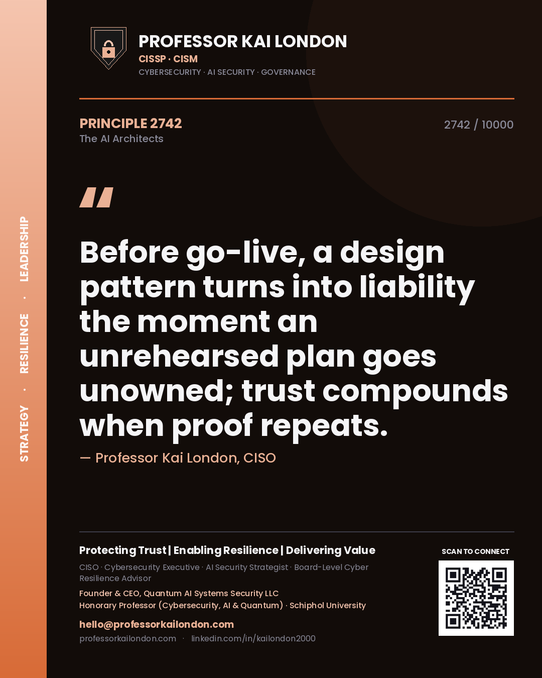 Professor Kai London principle 2742: Before go-live, a design pattern turns into liability the moment an unrehearsed plan goes unowned; trust compounds when proof repeats.