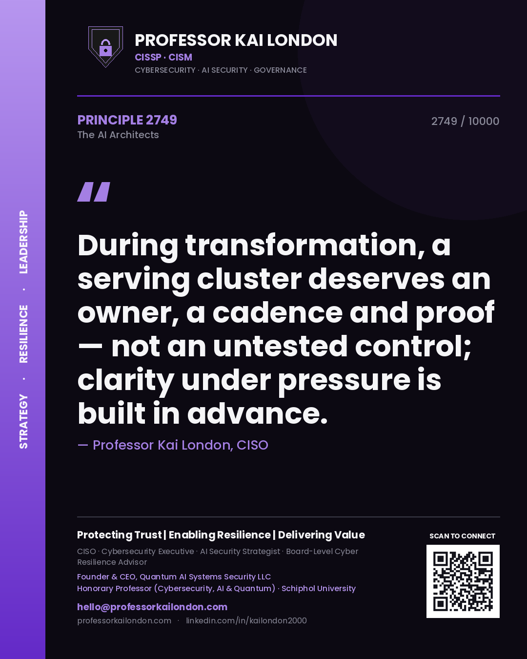 Professor Kai London principle 2749: During transformation, a serving cluster deserves an owner, a cadence and proof — not an untested control; clarity under pressure is built in advance.