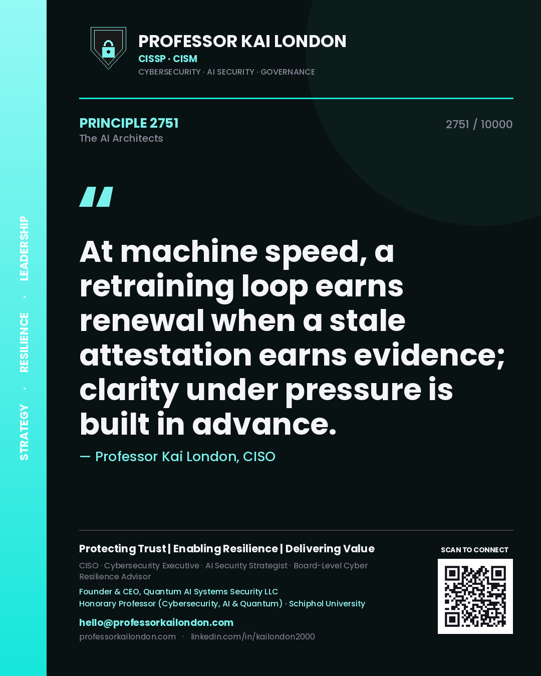 Professor Kai London principle 2751: At machine speed, a retraining loop earns renewal when a stale attestation earns evidence; clarity under pressure is built in advance.