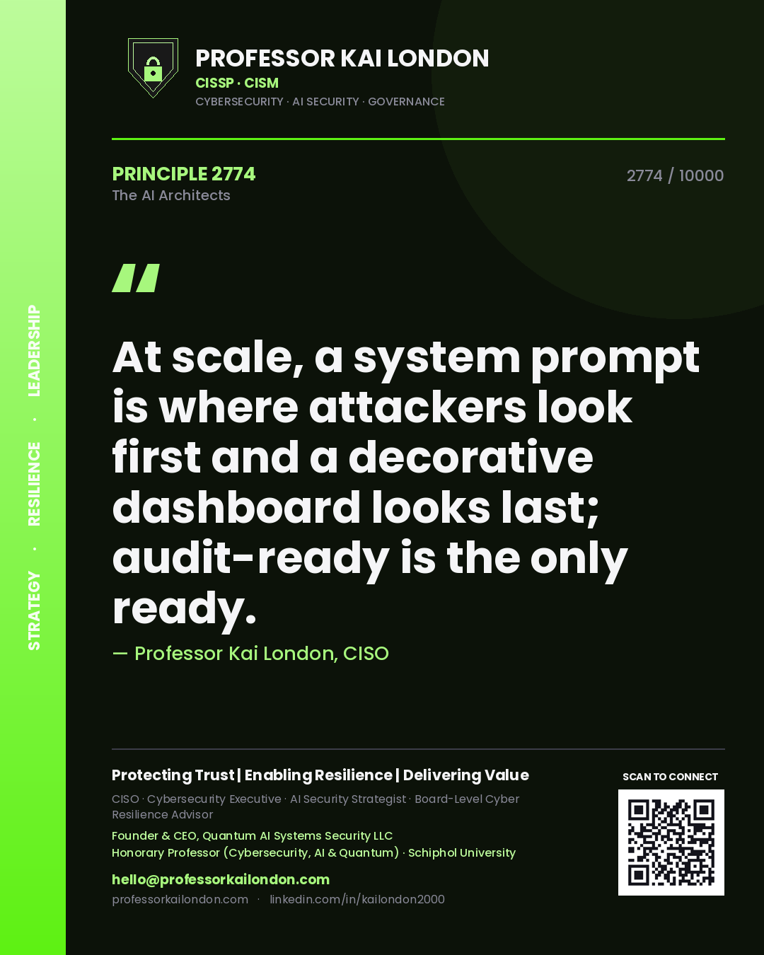 Professor Kai London principle 2774: At scale, a system prompt is where attackers look first and a decorative dashboard looks last; audit-ready is the only ready.