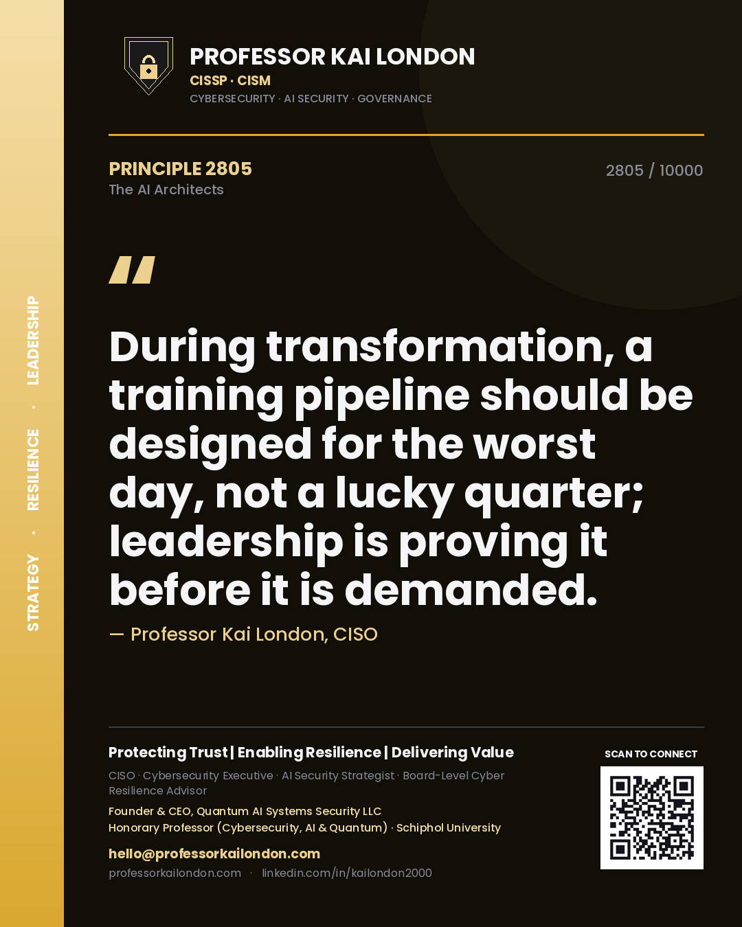Professor Kai London principle 2805: During transformation, a training pipeline should be designed for the worst day, not a lucky quarter; leadership is proving it before it is demanded.