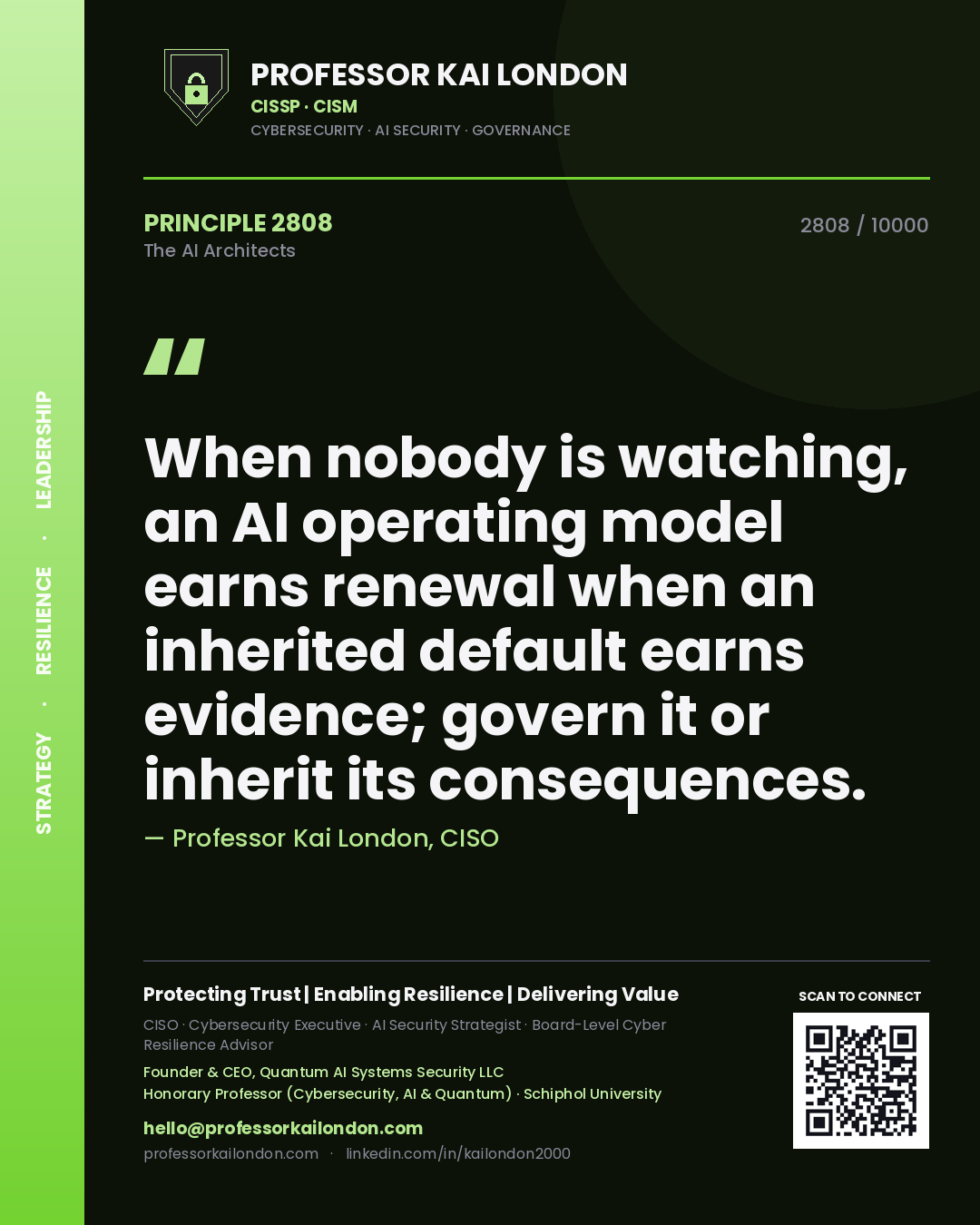 Professor Kai London principle 2808: When nobody is watching, an AI operating model earns renewal when an inherited default earns evidence; govern it or inherit its consequences.