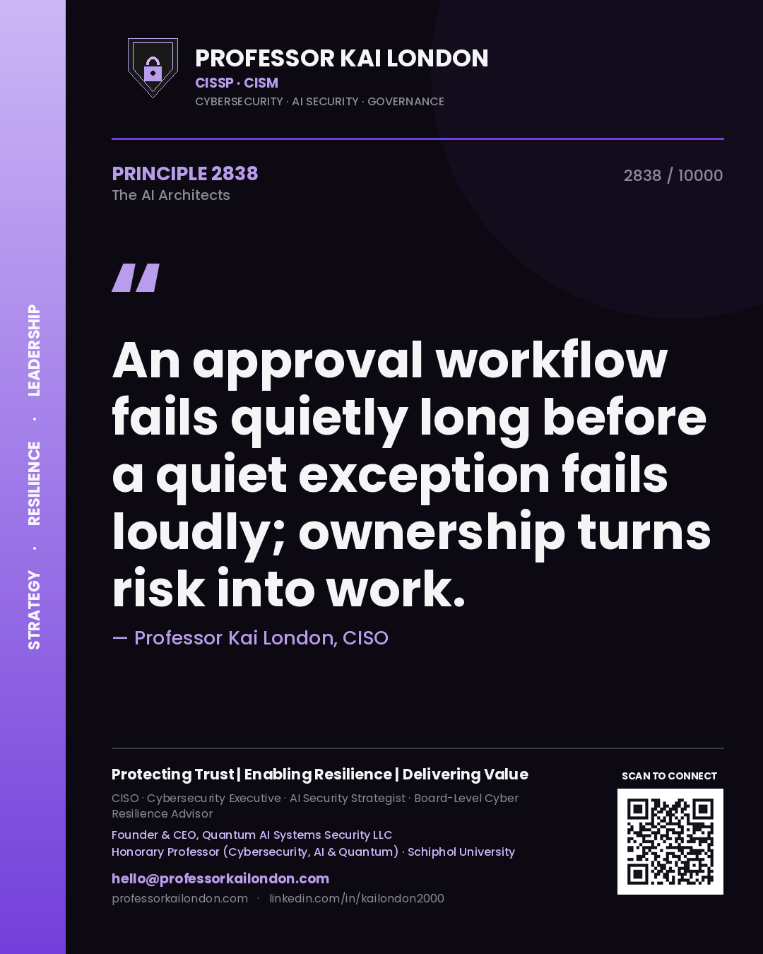 Professor Kai London principle 2838: An approval workflow fails quietly long before a quiet exception fails loudly; ownership turns risk into work.