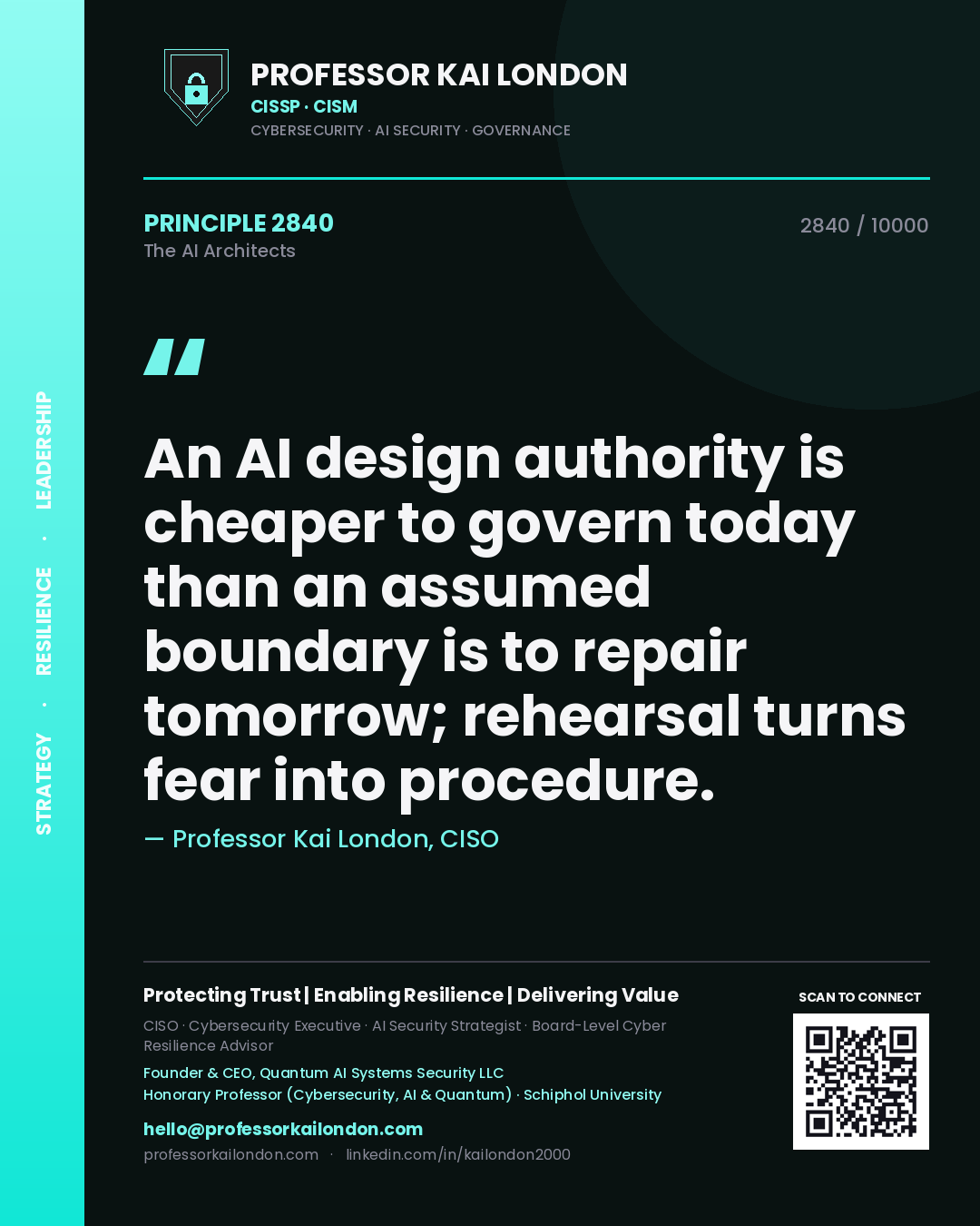 Professor Kai London principle 2840: An AI design authority is cheaper to govern today than an assumed boundary is to repair tomorrow; rehearsal turns fear into procedure.