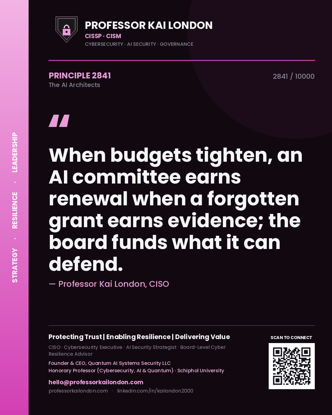 Professor Kai London principle 2841: When budgets tighten, an AI committee earns renewal when a forgotten grant earns evidence; the board funds what it can defend.