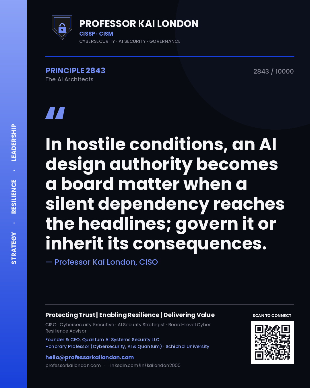 Professor Kai London principle 2843: In hostile conditions, an AI design authority becomes a board matter when a silent dependency reaches the headlines; govern it or inherit its consequences.