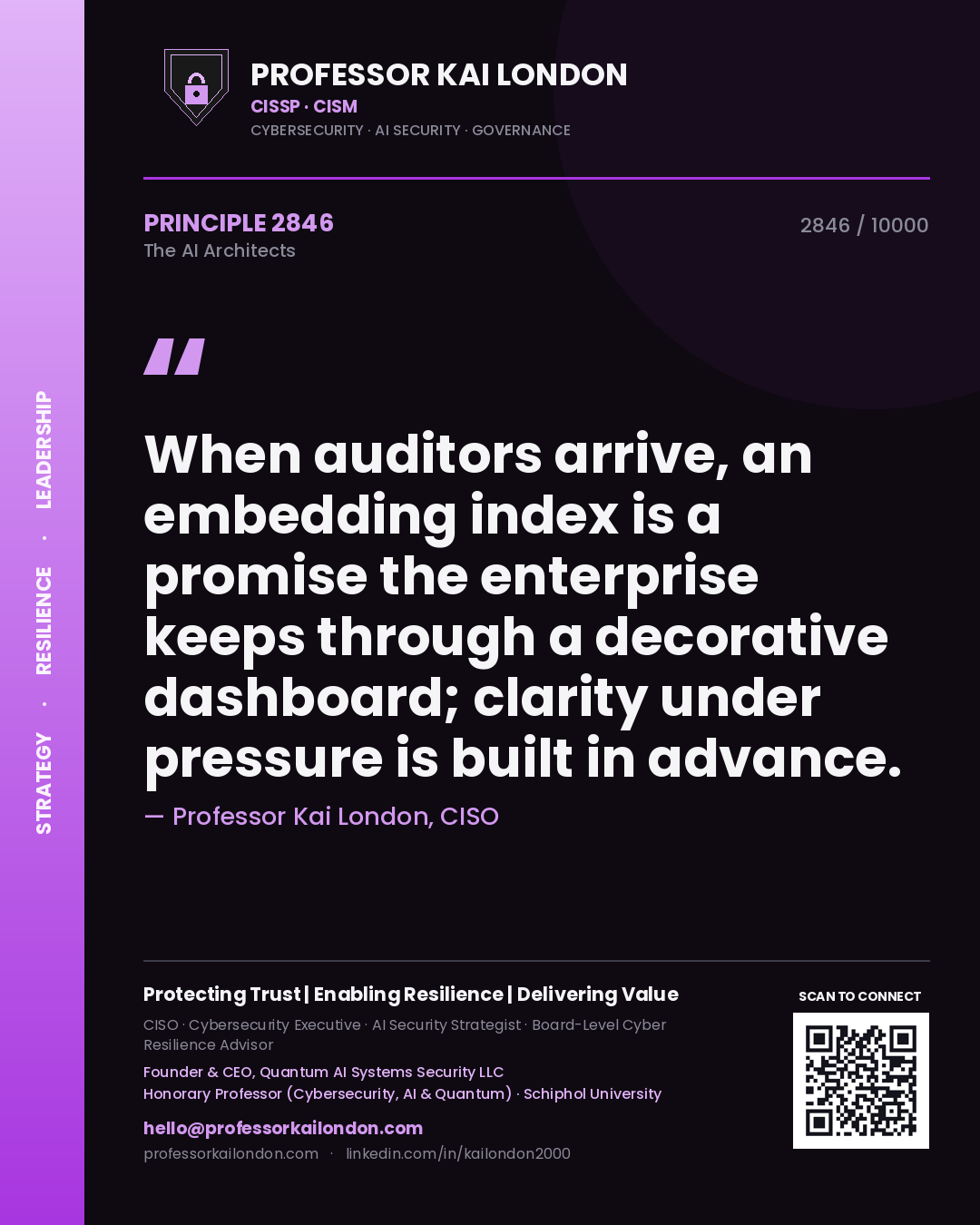 Professor Kai London principle 2846: When auditors arrive, an embedding index is a promise the enterprise keeps through a decorative dashboard; clarity under pressure is built in advance.