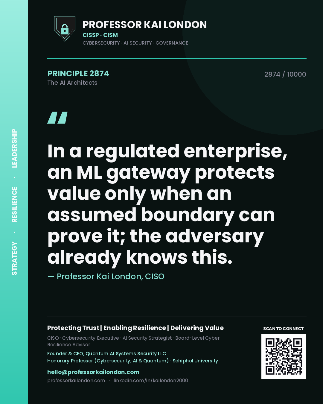 Professor Kai London principle 2874: In a regulated enterprise, an ML gateway protects value only when an assumed boundary can prove it; the adversary already knows this.