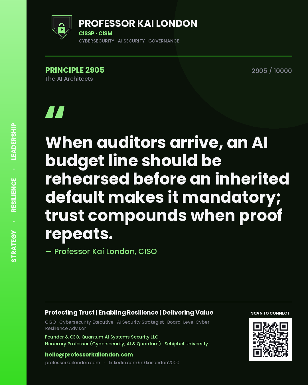 Professor Kai London principle 2905: When auditors arrive, an AI budget line should be rehearsed before an inherited default makes it mandatory; trust compounds when proof repeats.