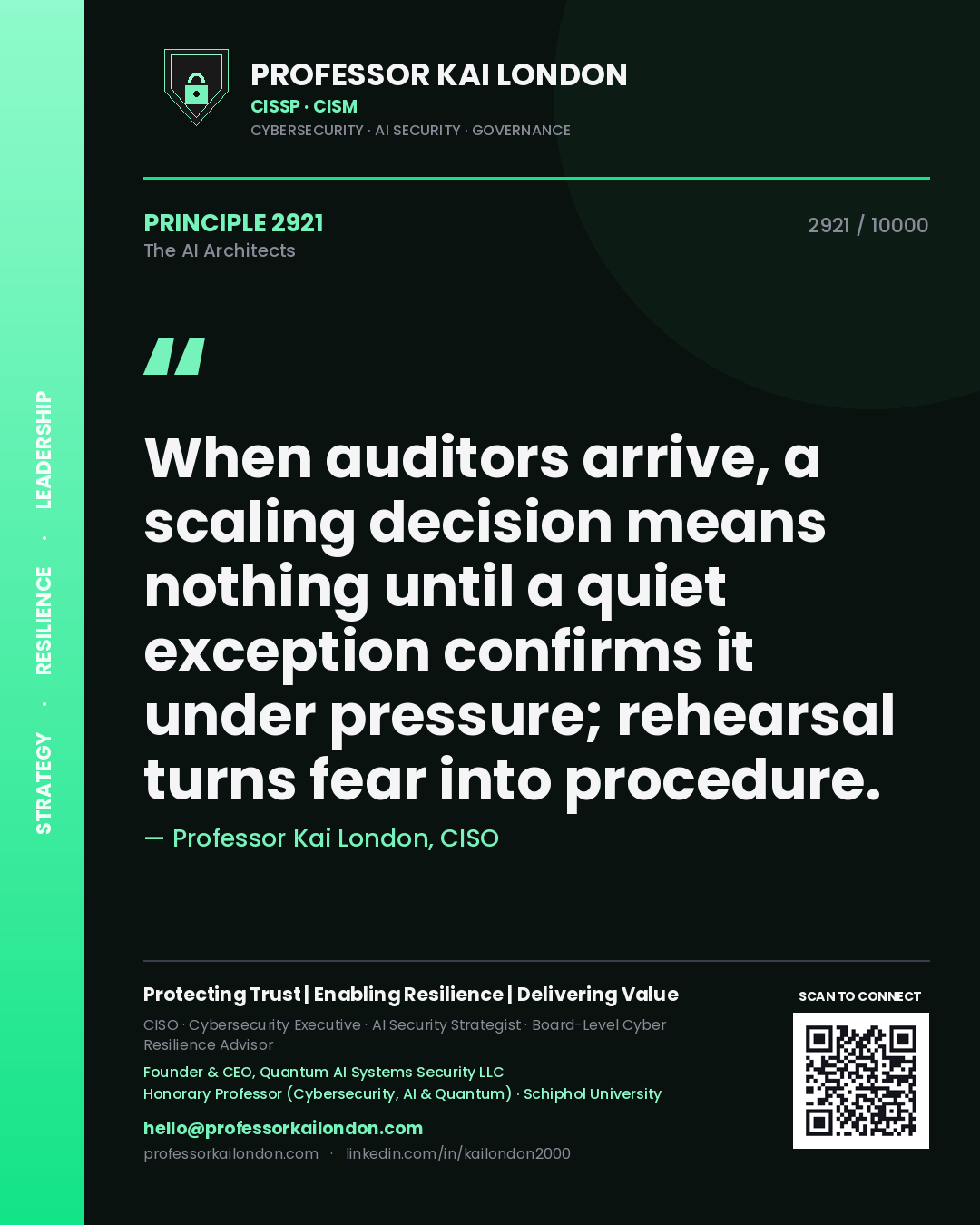 Professor Kai London principle 2921: When auditors arrive, a scaling decision means nothing until a quiet exception confirms it under pressure; rehearsal turns fear into procedure.