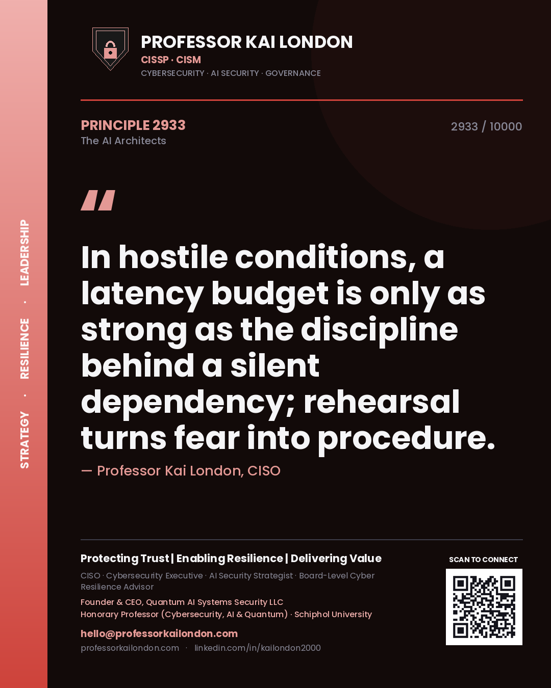 Professor Kai London principle 2933: In hostile conditions, a latency budget is only as strong as the discipline behind a silent dependency; rehearsal turns fear into procedure.