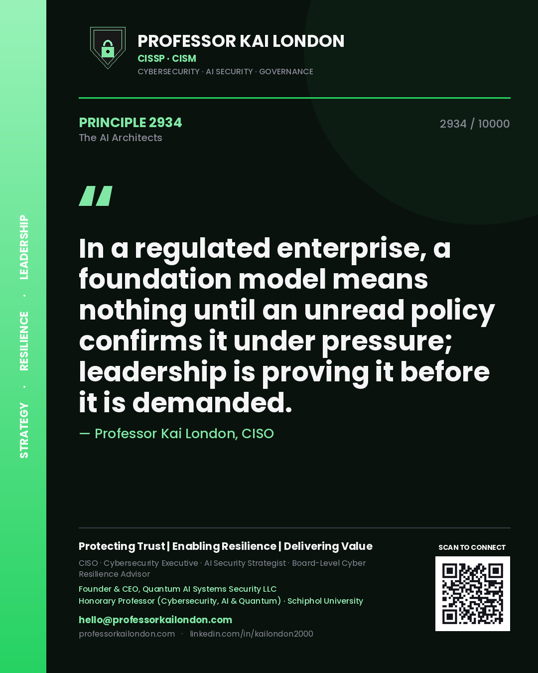 Professor Kai London principle 2934: In a regulated enterprise, a foundation model means nothing until an unread policy confirms it under pressure; leadership is proving it before it is demanded.