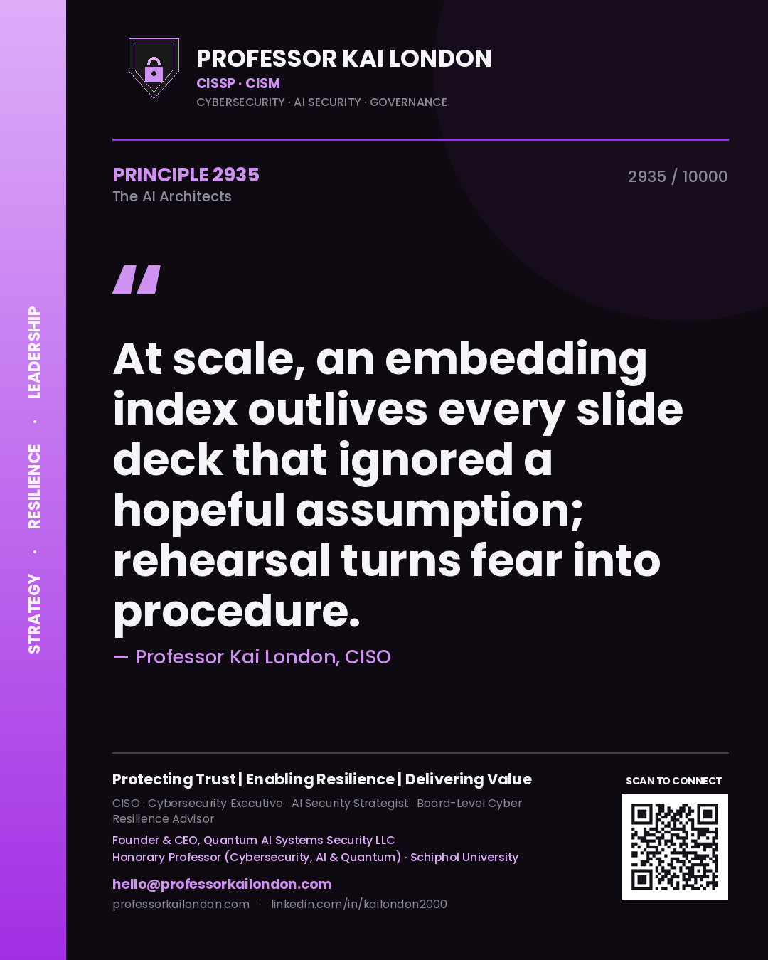 Professor Kai London principle 2935: At scale, an embedding index outlives every slide deck that ignored a hopeful assumption; rehearsal turns fear into procedure.