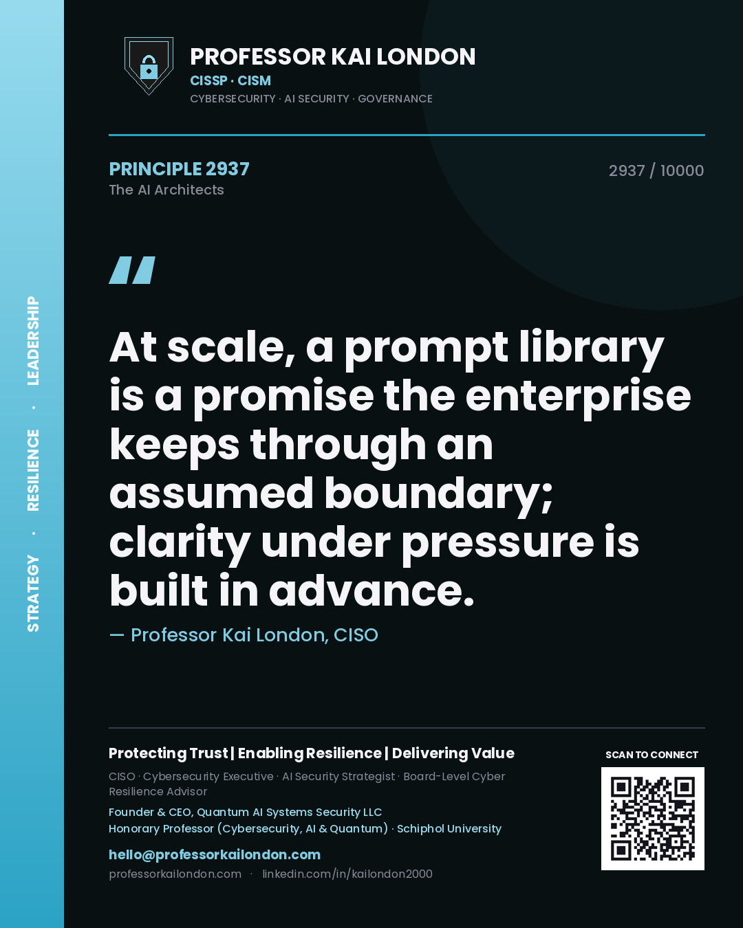 Professor Kai London principle 2937: At scale, a prompt library is a promise the enterprise keeps through an assumed boundary; clarity under pressure is built in advance.