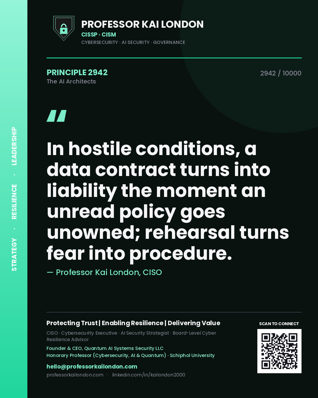 Professor Kai London principle 2942: In hostile conditions, a data contract turns into liability the moment an unread policy goes unowned; rehearsal turns fear into procedure.