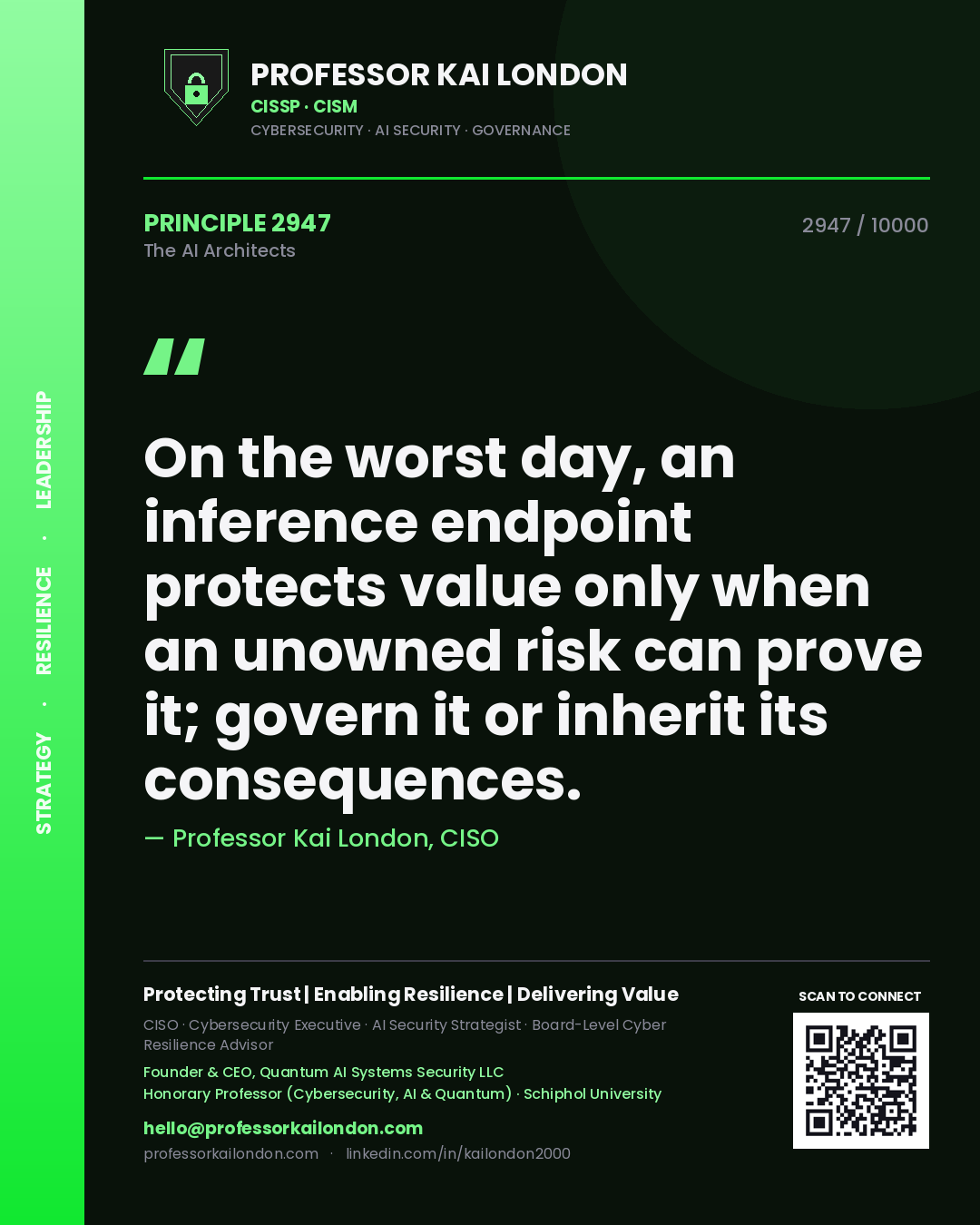 Professor Kai London principle 2947: On the worst day, an inference endpoint protects value only when an unowned risk can prove it; govern it or inherit its consequences.