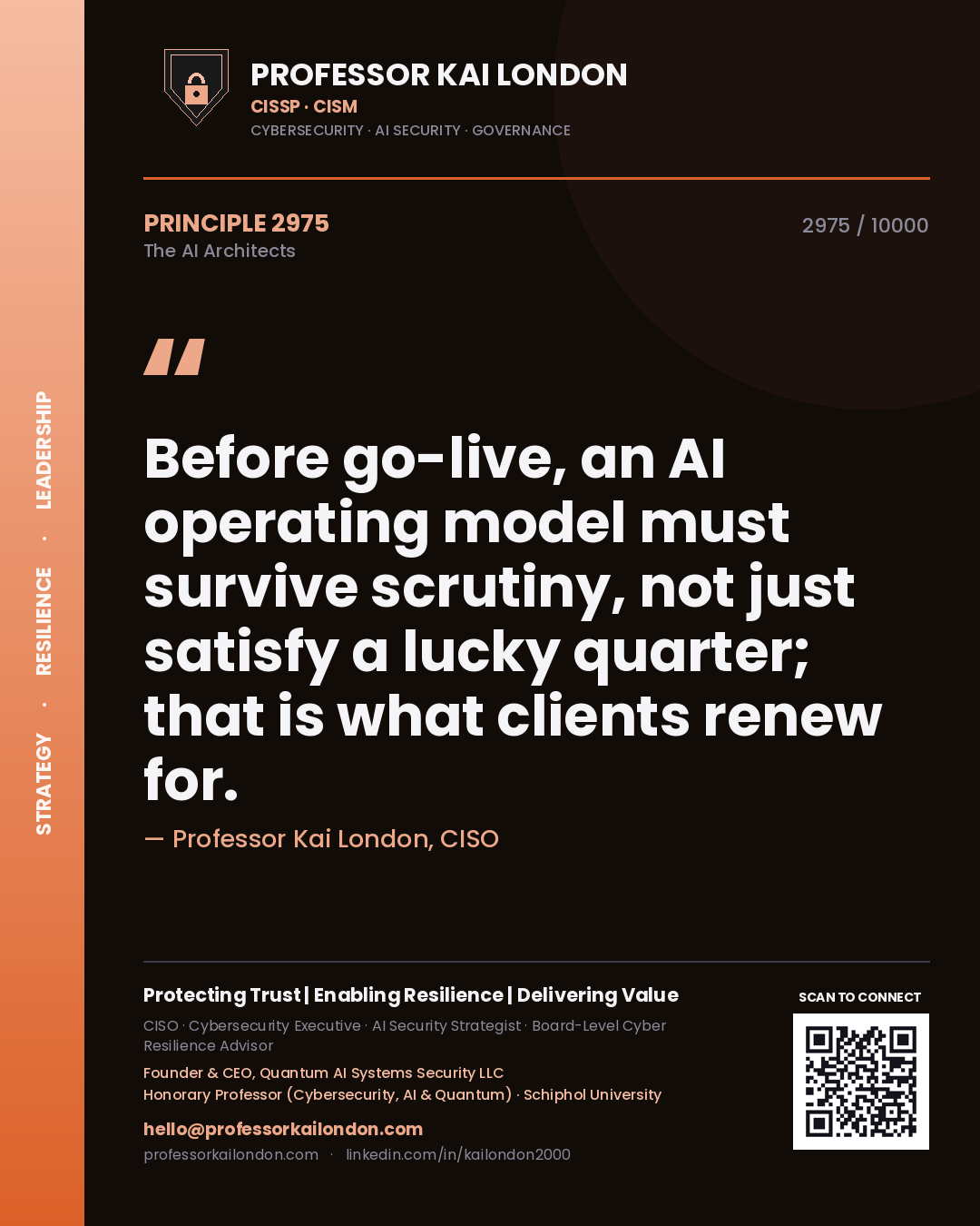Professor Kai London principle 2975: Before go-live, an AI operating model must survive scrutiny, not just satisfy a lucky quarter; that is what clients renew for.