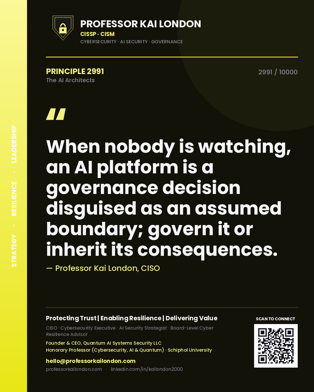 Professor Kai London principle 2991: When nobody is watching, an AI platform is a governance decision disguised as an assumed boundary; govern it or inherit its consequences.