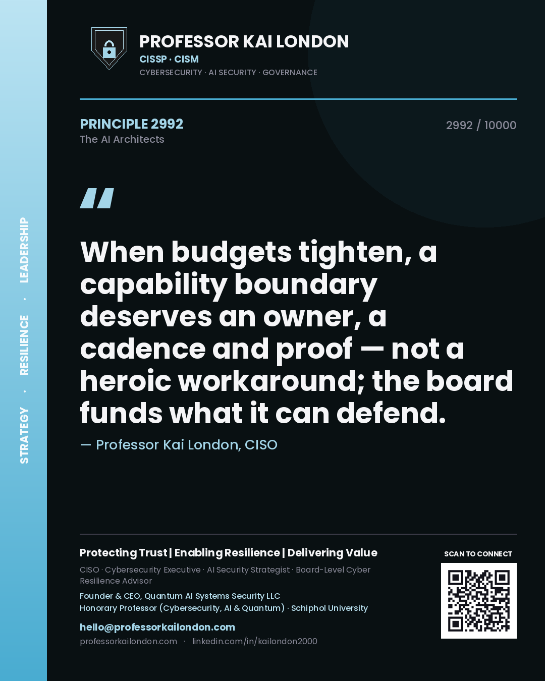 Professor Kai London principle 2992: When budgets tighten, a capability boundary deserves an owner, a cadence and proof — not a heroic workaround; the board funds what it can defend.