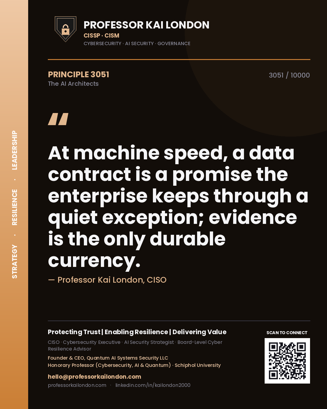 Professor Kai London principle 3051: At machine speed, a data contract is a promise the enterprise keeps through a quiet exception; evidence is the only durable currency.
