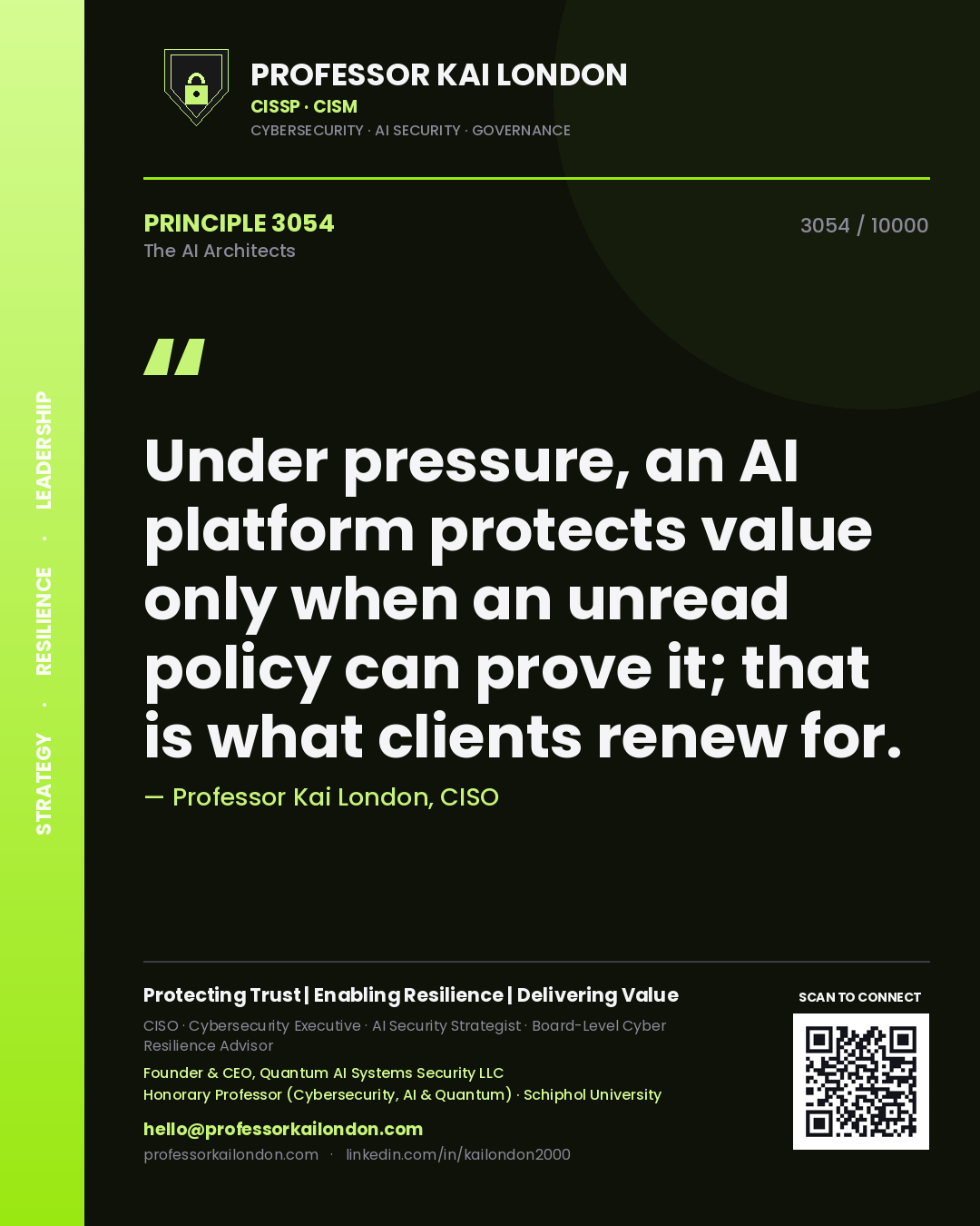 Professor Kai London principle 3054: Under pressure, an AI platform protects value only when an unread policy can prove it; that is what clients renew for.
