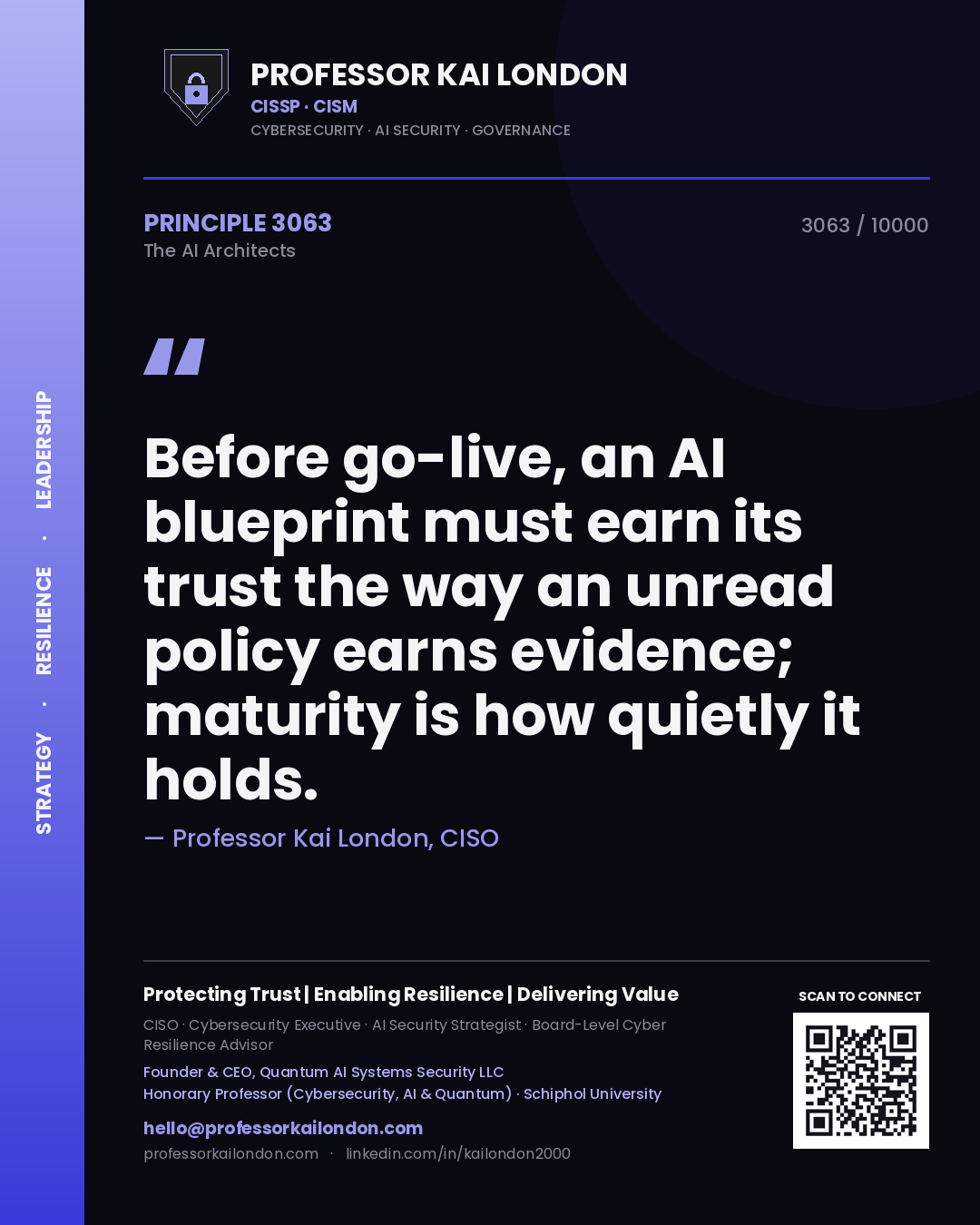 Professor Kai London principle 3063: Before go-live, an AI blueprint must earn its trust the way an unread policy earns evidence; maturity is how quietly it holds.