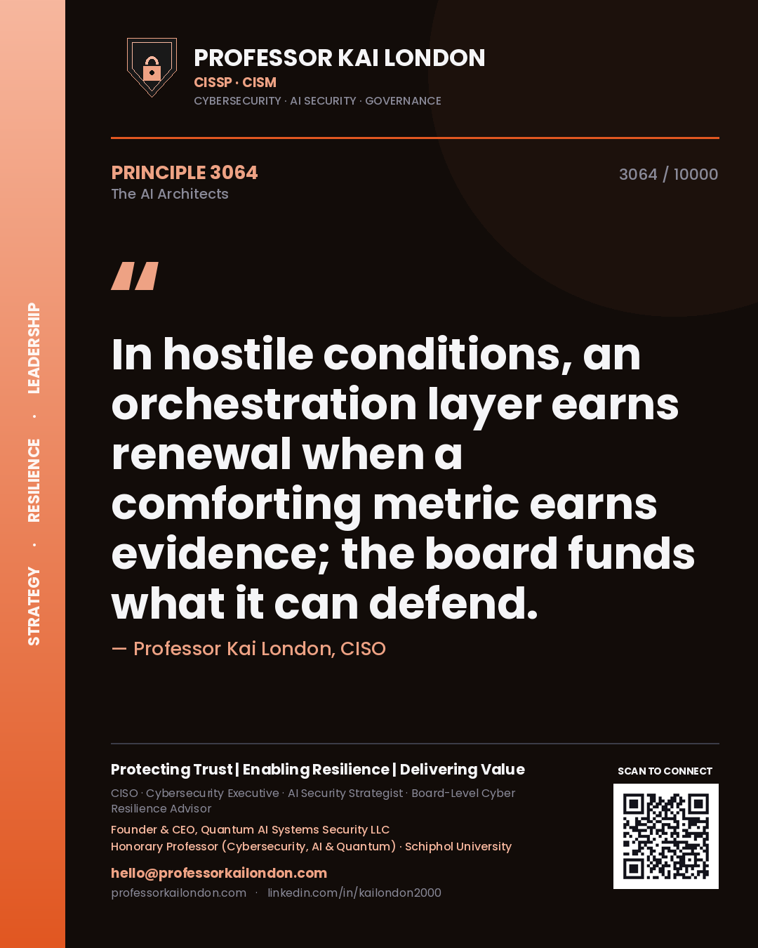 Professor Kai London principle 3064: In hostile conditions, an orchestration layer earns renewal when a comforting metric earns evidence; the board funds what it can defend.