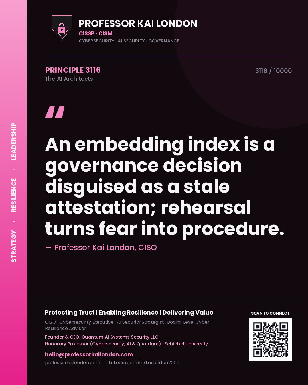 Professor Kai London principle 3116: An embedding index is a governance decision disguised as a stale attestation; rehearsal turns fear into procedure.