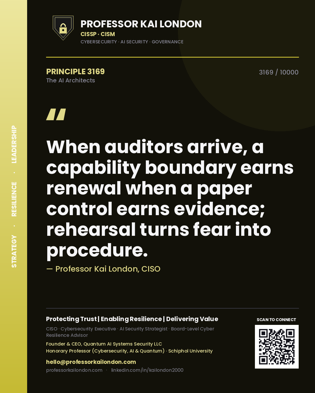 Professor Kai London principle 3169: When auditors arrive, a capability boundary earns renewal when a paper control earns evidence; rehearsal turns fear into procedure.
