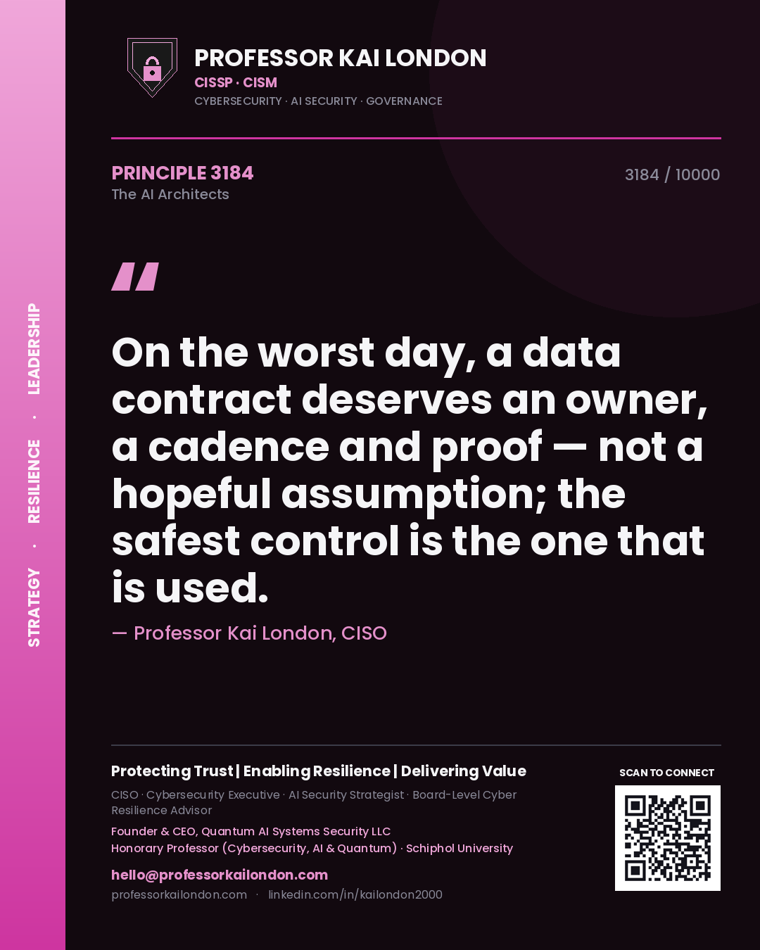Professor Kai London principle 3184: On the worst day, a data contract deserves an owner, a cadence and proof — not a hopeful assumption; the safest control is the one that is used.