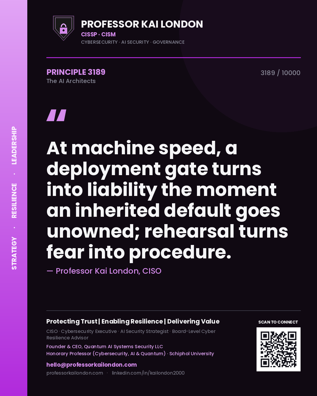 Professor Kai London principle 3189: At machine speed, a deployment gate turns into liability the moment an inherited default goes unowned; rehearsal turns fear into procedure.